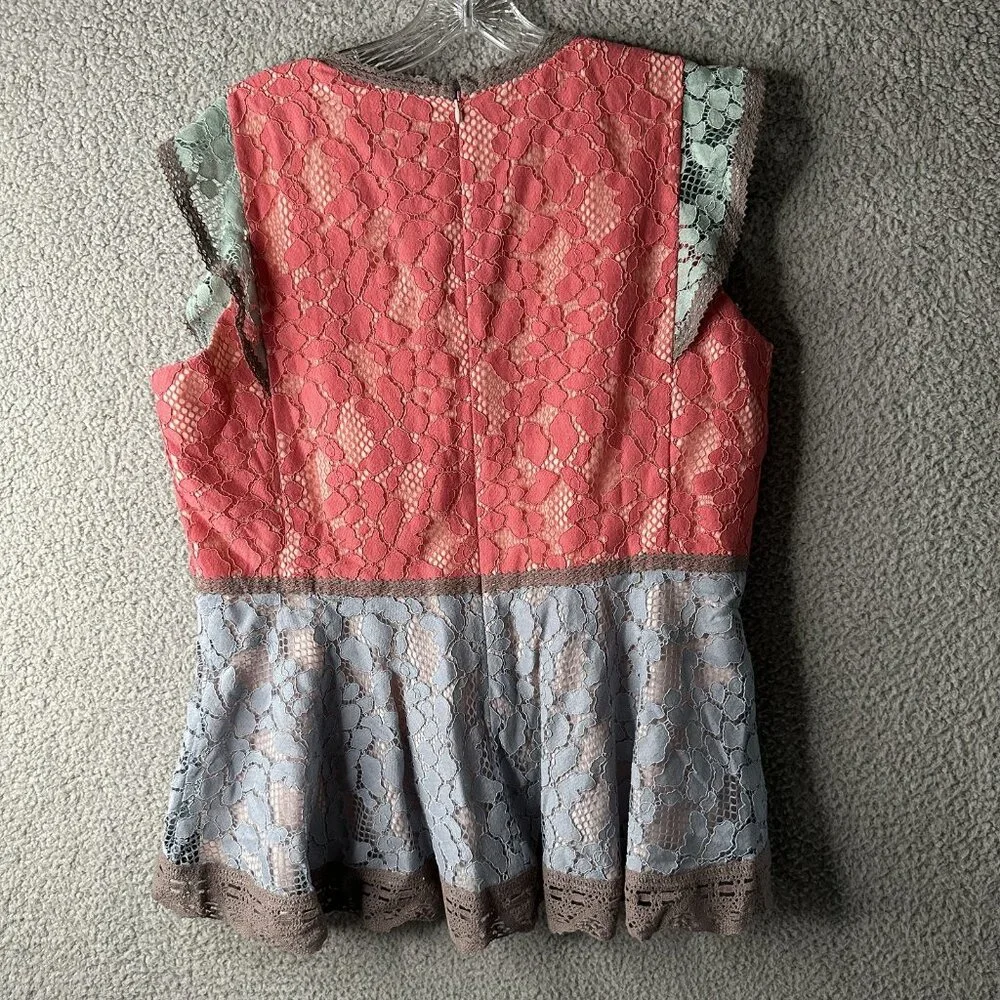 Sundance Coral Pink and Light Blue Lace Peplum Blouse - Picture 5 of 9
